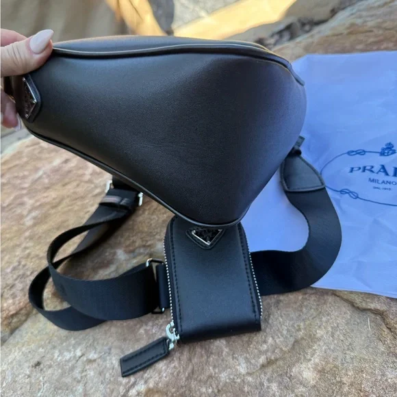 Genuine vegan leather PRADA Black triangle Sling Bag with detachable Logo mini - Picture 8 of 13